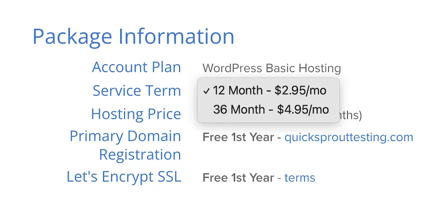 Bluehost's Package Information, showing 12 month terms at $2.95 per month or 36 month terms at $4.95 per month