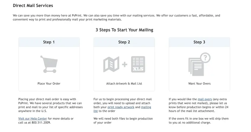 PsPrint's 3-step process to get started with direct mail
