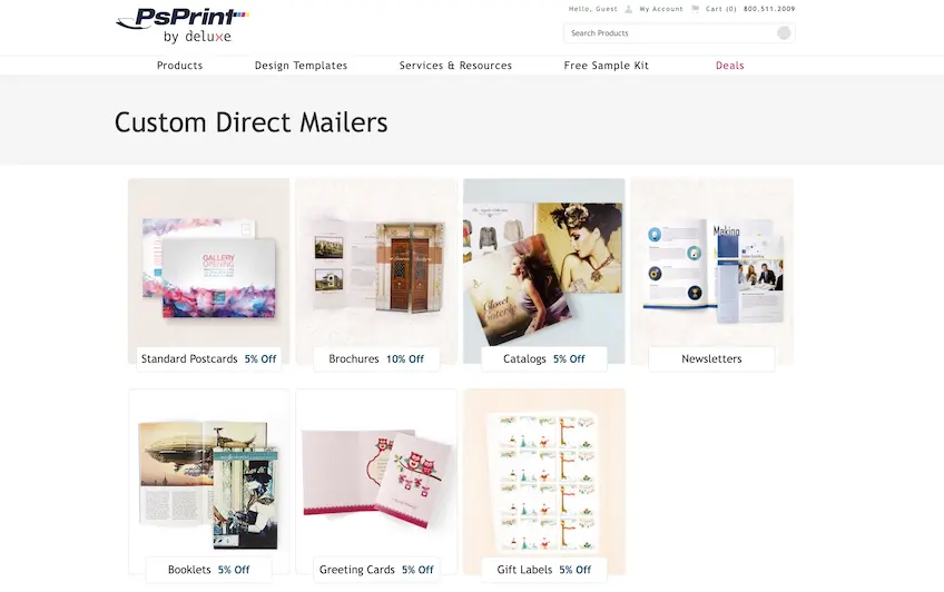 PsPrint's custom direct mailers for postcards, brochures, catalogs, newsletters, booklets, greeting cards, and gift labels