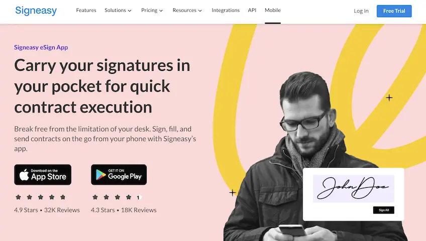Signeasy's e-sign mobile app, showing a man using a smartphone for electronic signatures