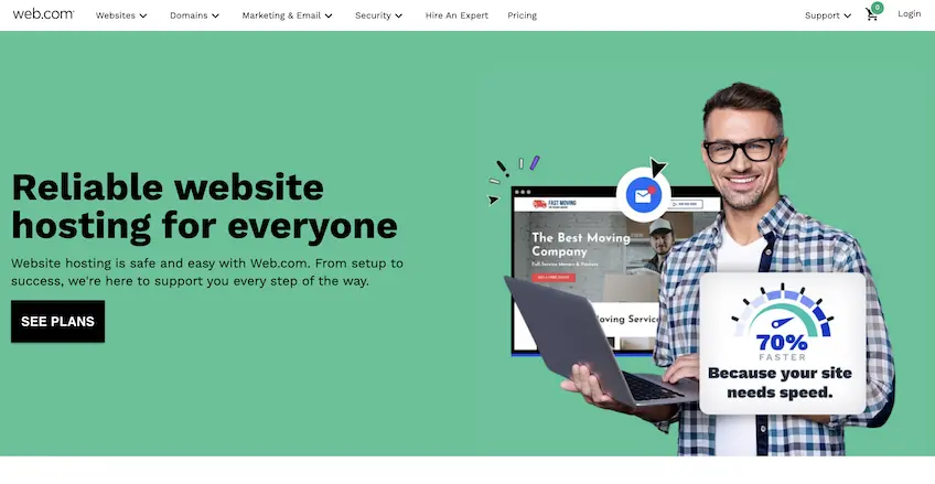 Web.com's shared hosting page with a man wearing glasses holding a laptop