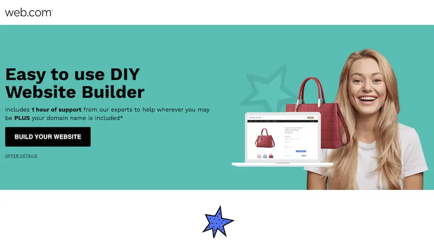 Web.com DIY website builder landing page with image of a woman smiling
