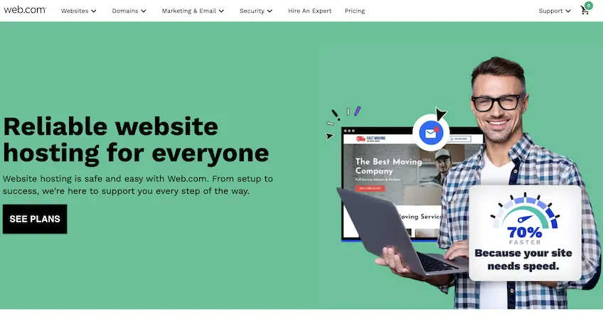 Web.com web hosting landing page showing a man wearing glasses holding a laptop. 