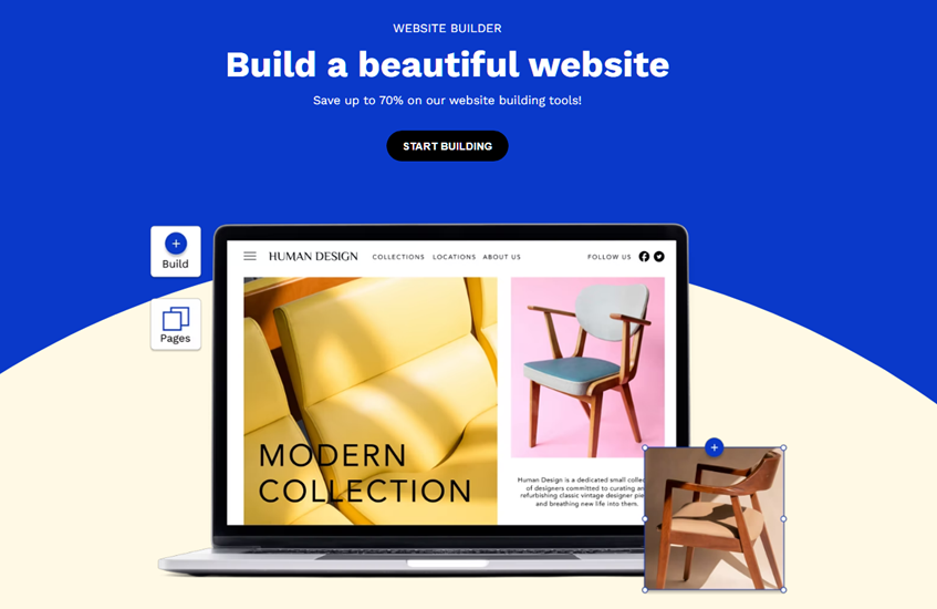 A laptop displaying a furniture website being built using Web.com's drag and drop builder. Laptop is on a blue and cream background below text that says "Build a beautiful website. Save up to 70% on our website building tools!"
