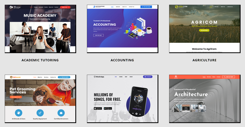Selection of six of Web.com's templates, including those titled Academic Tutoring, Accounting, Agriculture, Animal Groomers, App Landing Page, and Architect. 