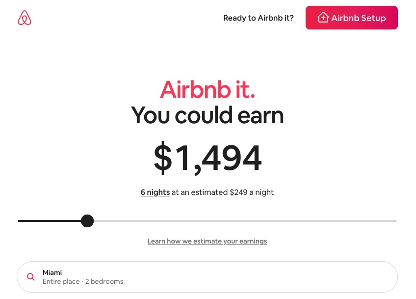 Airbnb estimated earnings slide bar page with button to start setup. 