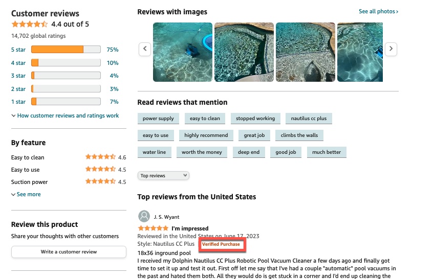 Amazon Customer Reviews section for pool vacuum with a red box around a verified purchase review. 