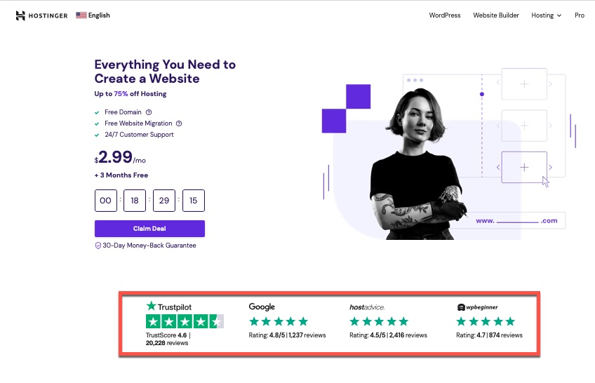 Hostinger claim deal page with red box around Trustpilot reviews. 