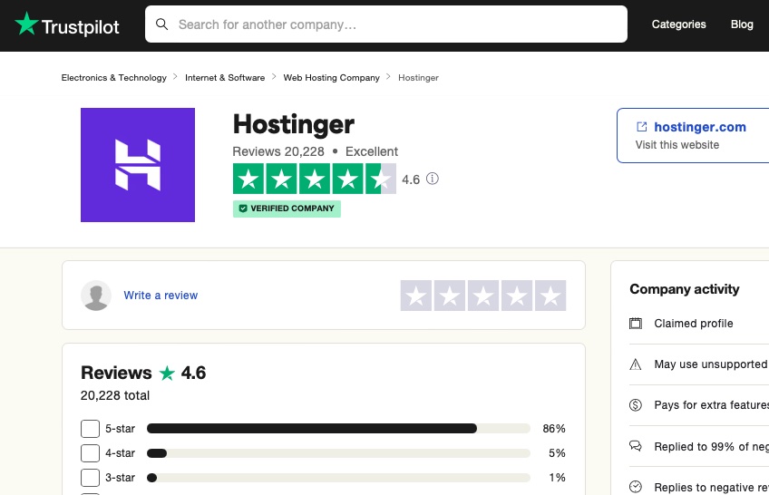 Trustpilot website with reviews for Hostinger shown. 
