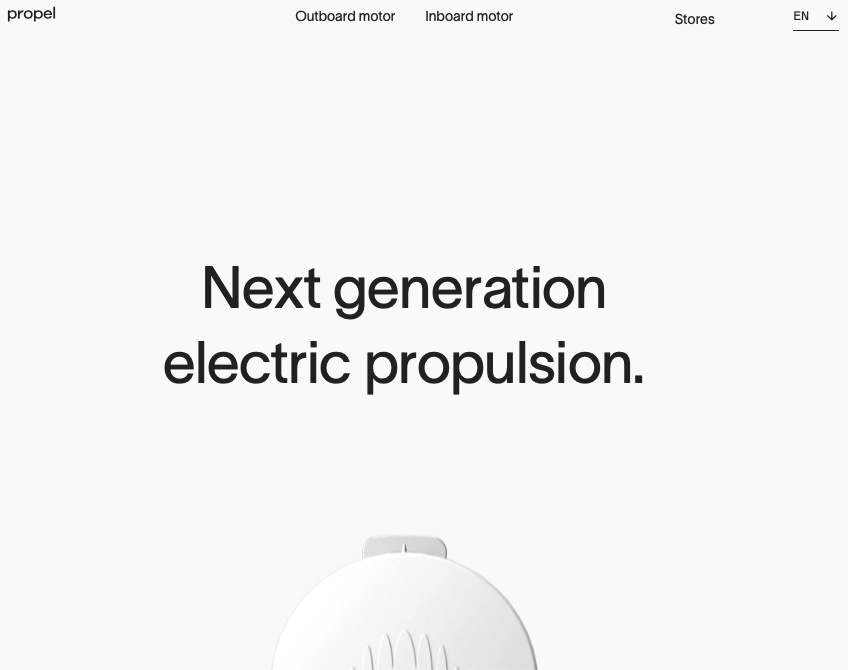 Propel's homepage, which reads: Next generation electric propulsion. 