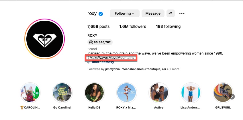 Roxy Instagram page with a red box around a hashtag in their bio. 
