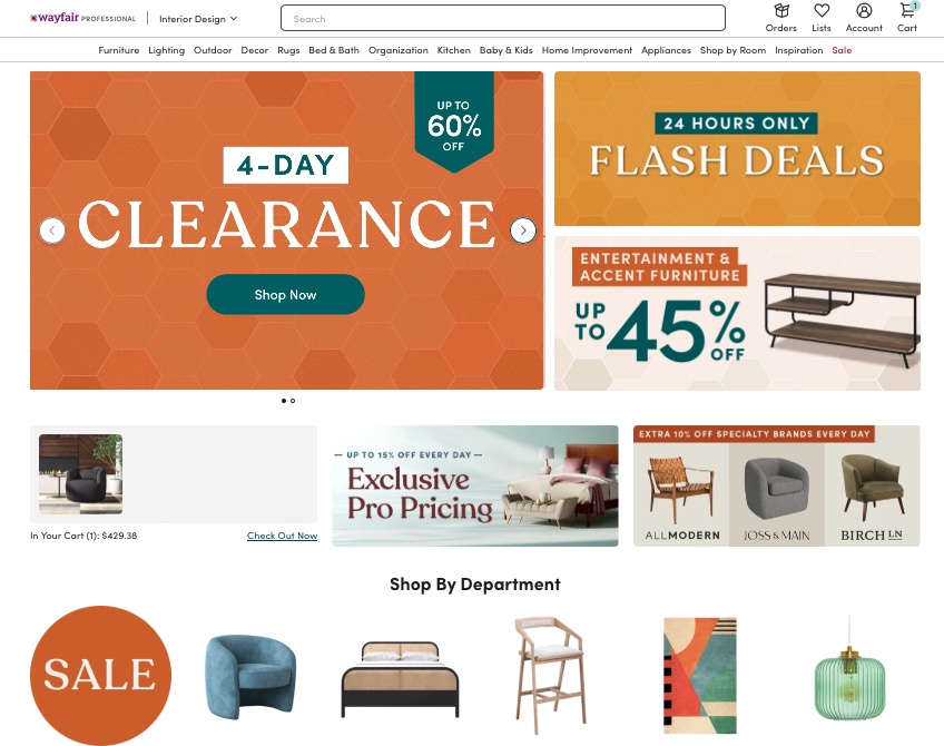 Wayfair homepage with clearance sales advertised. 