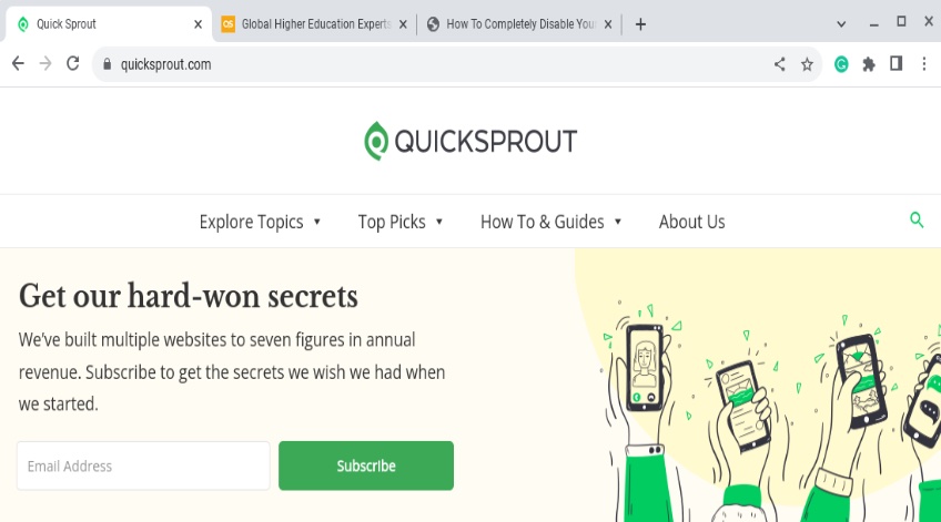 Browser displaying Quicksprout homepage with two other tabs open. 