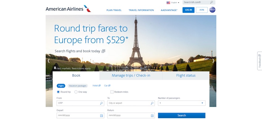 American Airlines homepage with option to search for flights to book. 