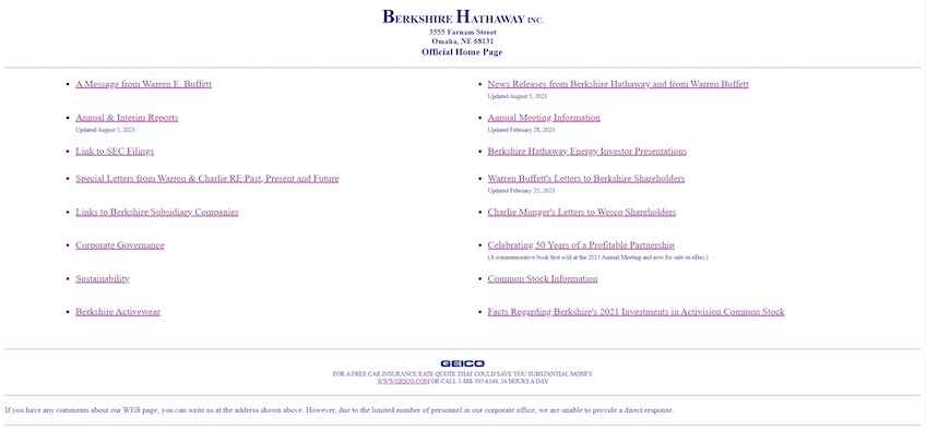 Berkshire Hathaway Inc. list of navigation links. 