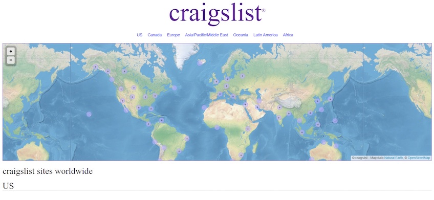 Craigslist map of the world screenshot.