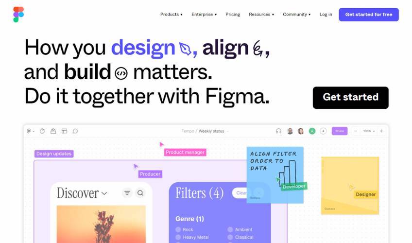 Figma homepage with a get started button. 