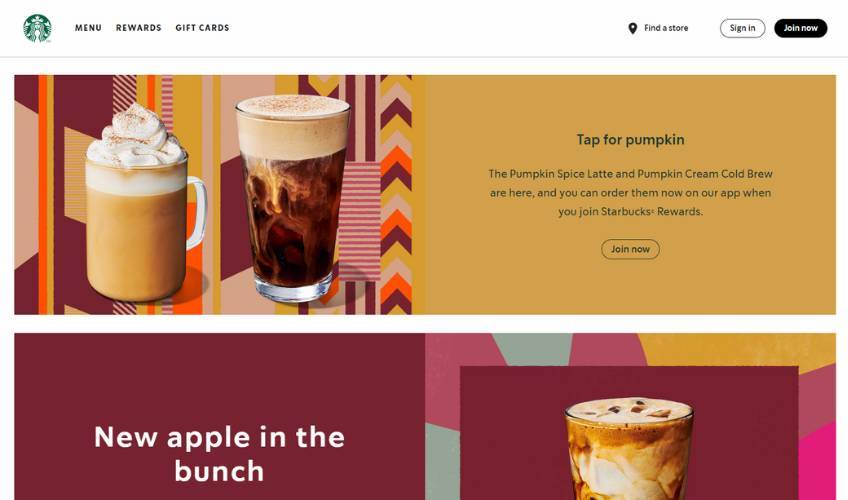 Starbucks homepage screenshot for fall drinks. 