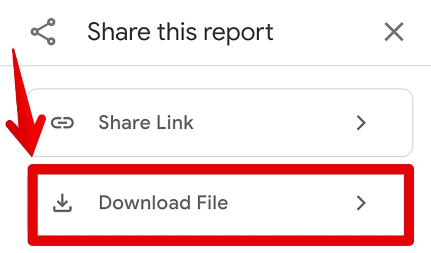 Share this report menu with the option to Download File circled in red. 