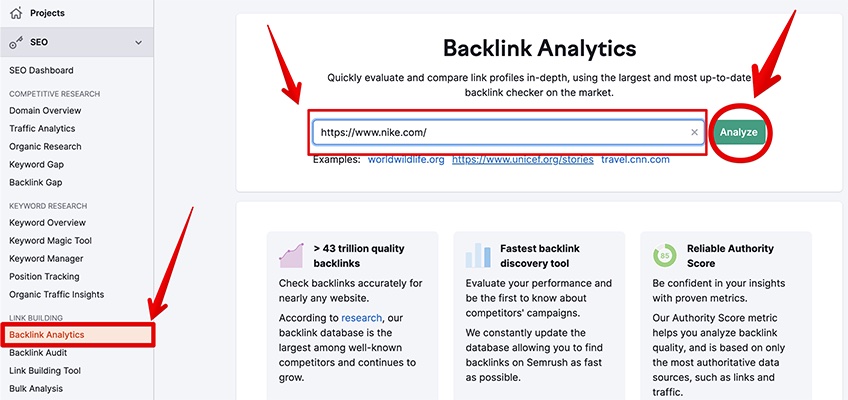 Semrush Backlink Analytics page with the page url filled in for Nike.com. 