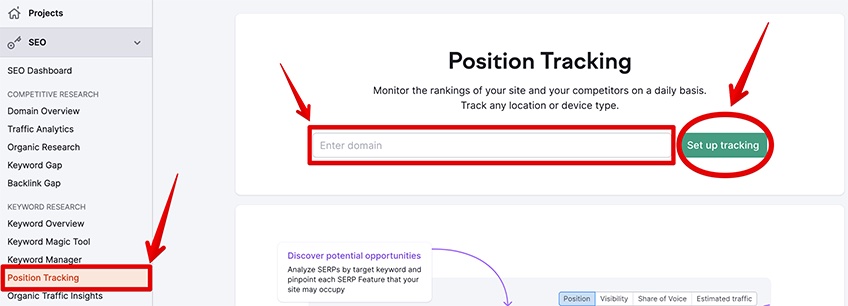Semrush Position Tracking page with enter domain and set up tracking options circled in red. 