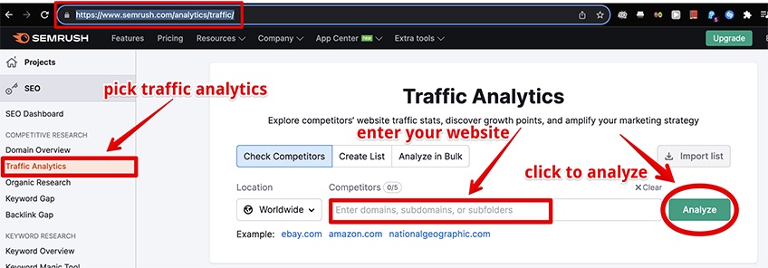 Traffic analytics page in Semrush with red arrows pointing to the menu, domain box, and analyze button. 