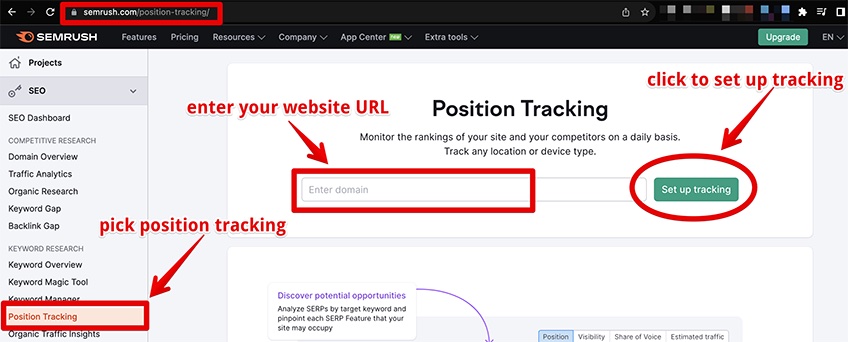 Semrush position tracking page with arrows to pointing to pick position tracking, enter website URL, and click to set up tracking. 