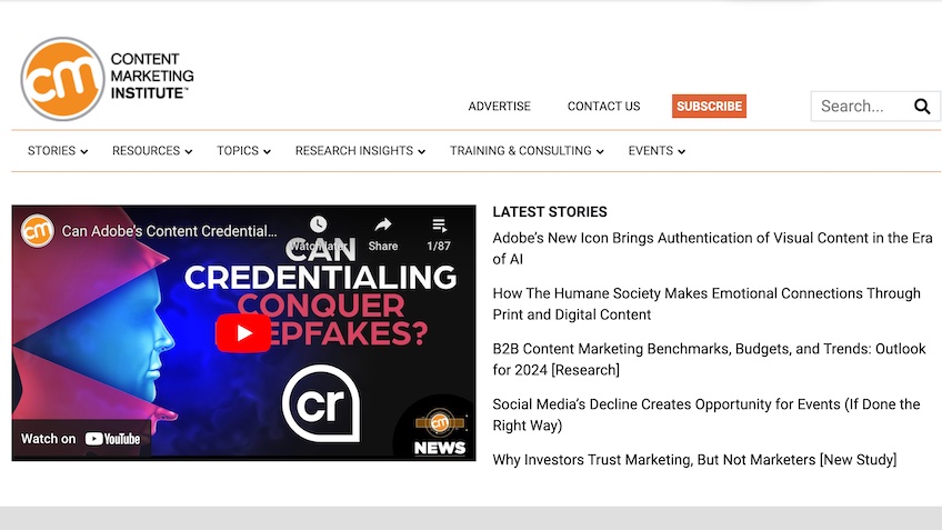 Content Marketing Institute homepage. 