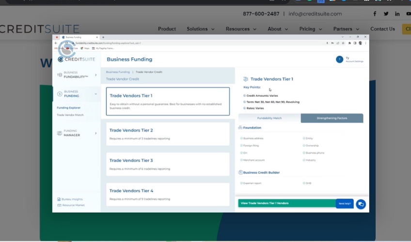 Screenshot of Credit Suite interface with the Business Funding page displayed. 