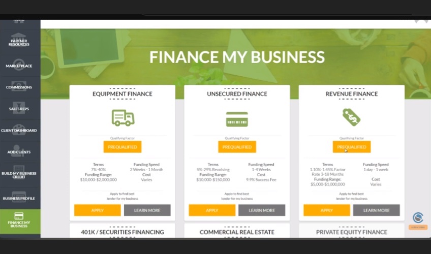 Business Finance Suite screenshot with three options to finance business. 