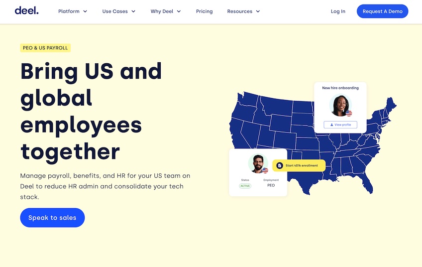 Deel’s landing page for PEO and US payroll showing a blue map of the United States with faces of new hires in different states. 