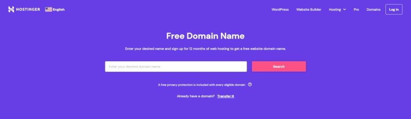 Hostinger Free Domain Name page with a search bar. 