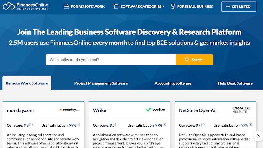 FinancesOnline homepage. 
