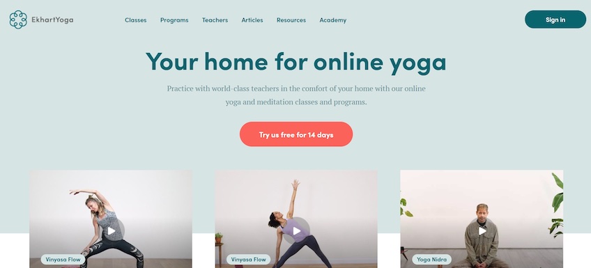 EkhartYoga homepage with three video previews shown and a button to "Try us free for 14 days."