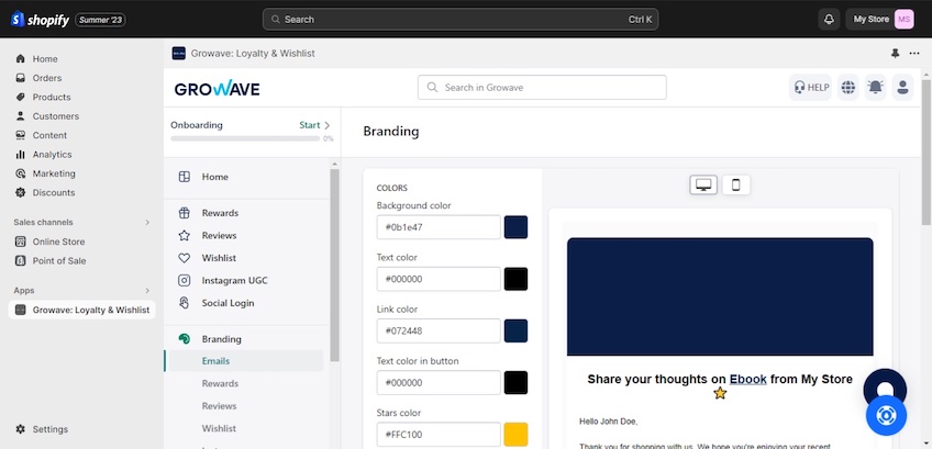 Branding setup in Growave interface with color schemes for various parts of a store.