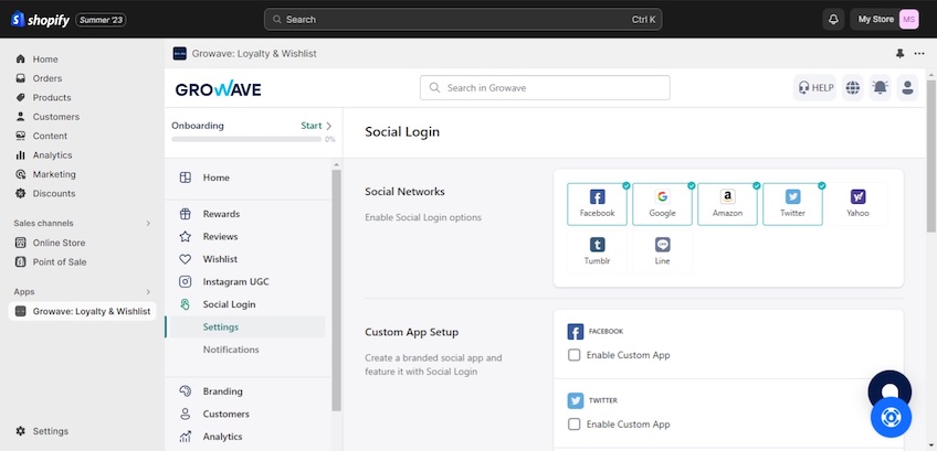 Social login setup page with options for Facebook, Google, Amazon, Twitter, Yahoo, Tumblr, and Line.