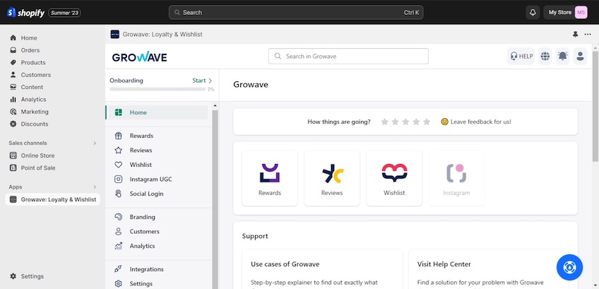 Growave onboarding page with ways to contact support shown. 