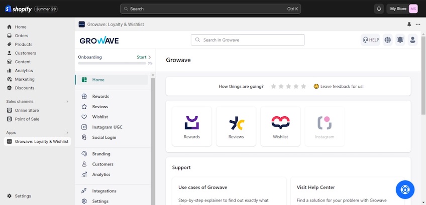 Growave onboarding page with ways to contact support shown.