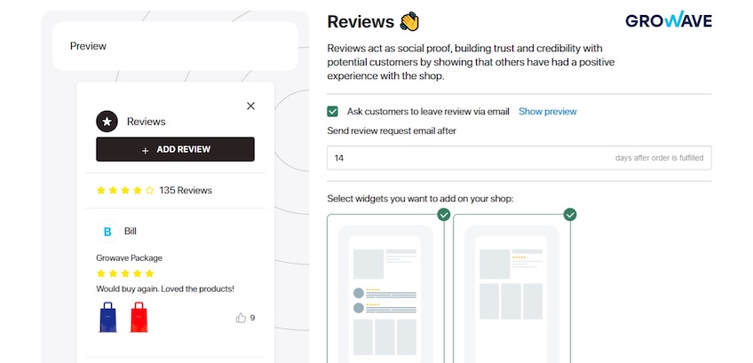 Review setup page in Growave interface with options to request a customer leave a review. 