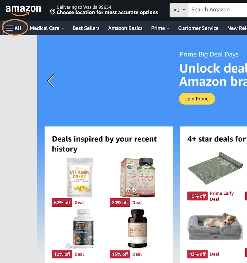 Amazon homepage with a circle around the menu to expand to see all categories. 