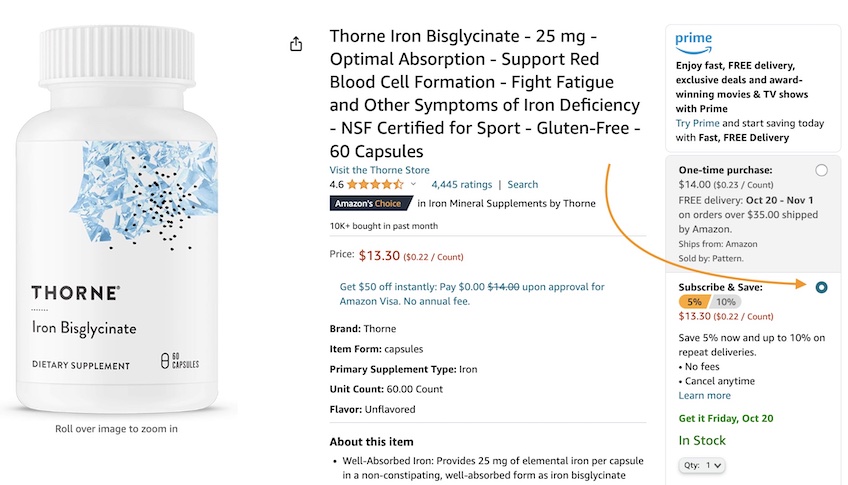 Amazon product page for Thorne Iron Bisglycinate capsules. 