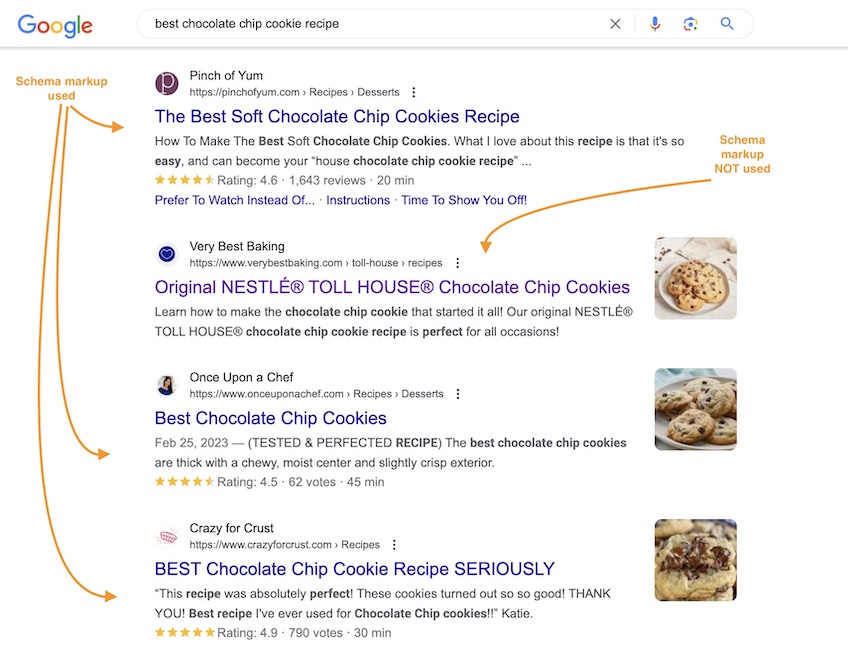 Google search results for a chocolate chip cookie recipe with arrows pointing to results that used schema and results that didn't use schema. 