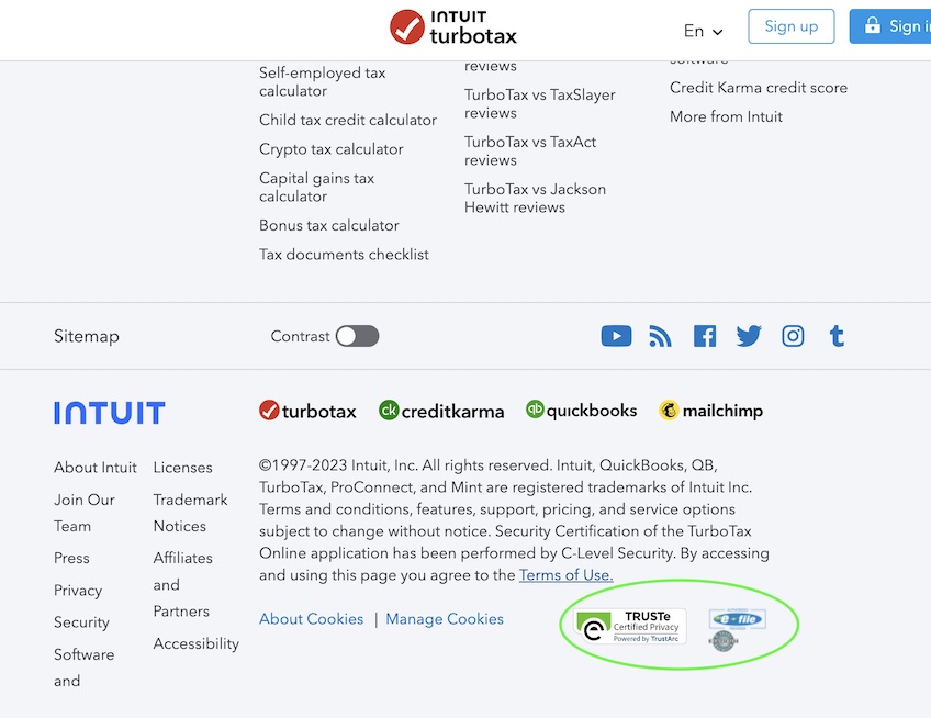 Intuit TurboTax site with a green circle highlighting the trust badge displayed at the bottom of the page. 