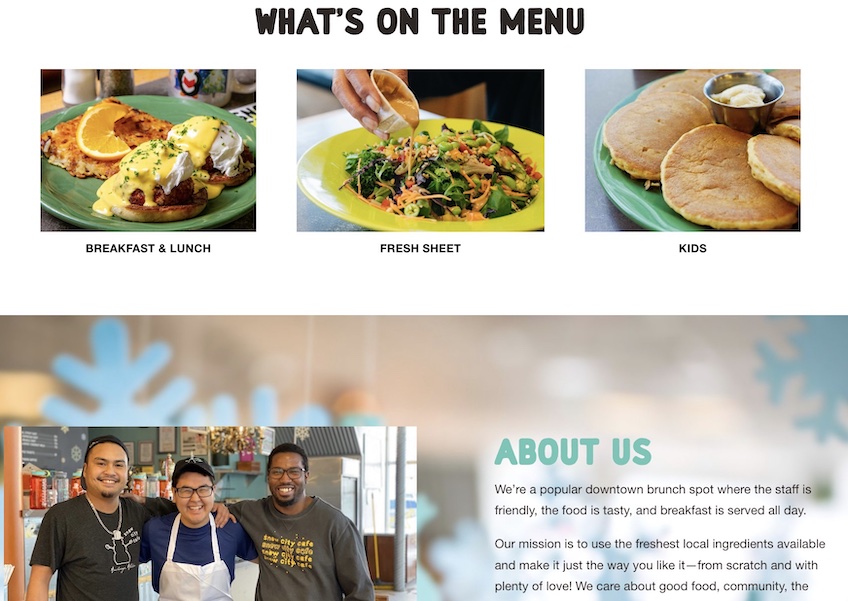 Screenshot of a menu page for a cafe with images of their food. 