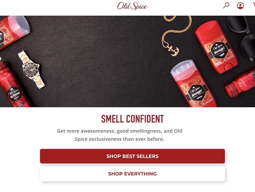 Old Spice homepage screenshot with buttons to shop best sellers or shop everything. 