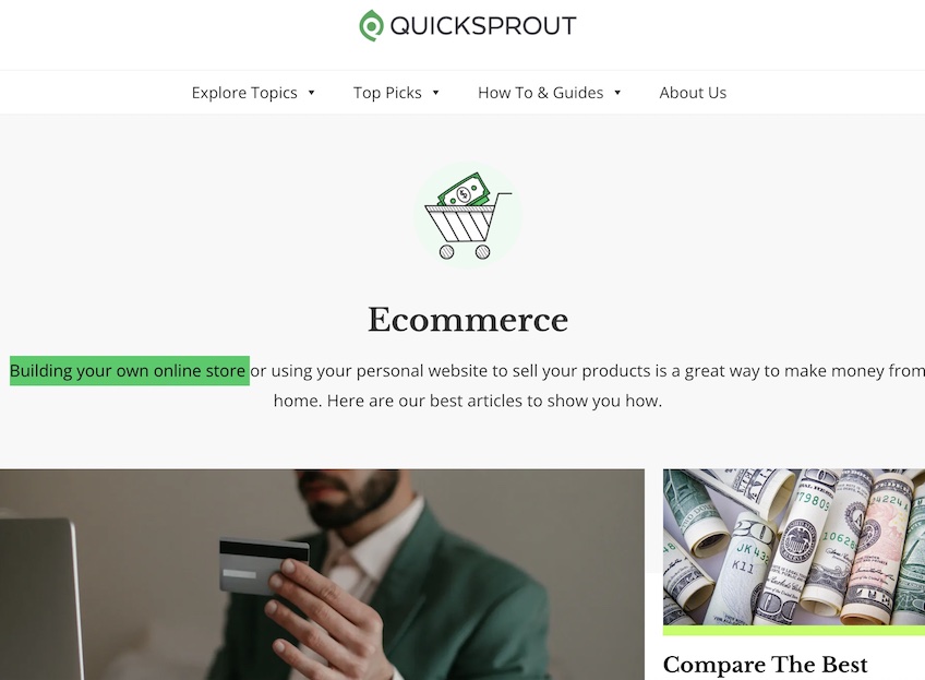 Quicksprout Ecommerce category page with green highlights 