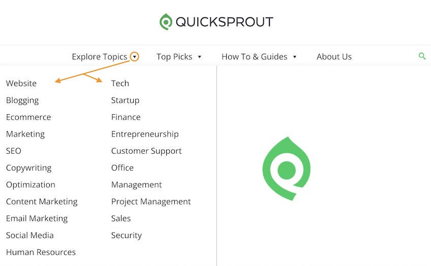 Quicksprout homepage with the explore topics menu expanded and arrows pointing to the website and tech categories. 