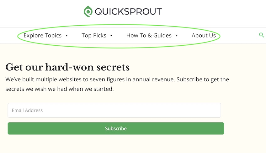 Quicksprout homepage with a green circle around the four menu options. 