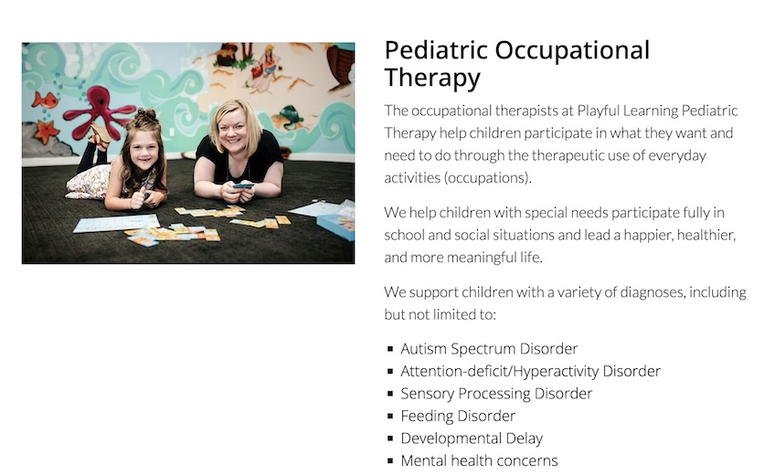 Pediatric Occupational Therapy page to display the use of a real image showing a therapist and child. 