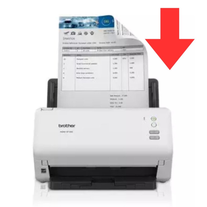 Brother fax machine with a red arrow pointing to the direction that paper feeds in.